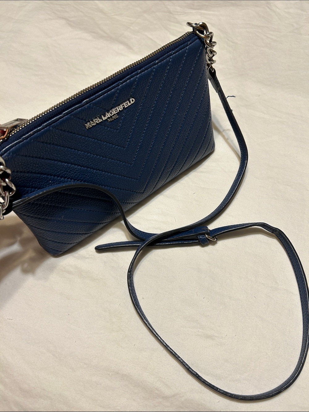 Karl Lagerfeld Quilted Navy Leather Crossbody with Chain Detail